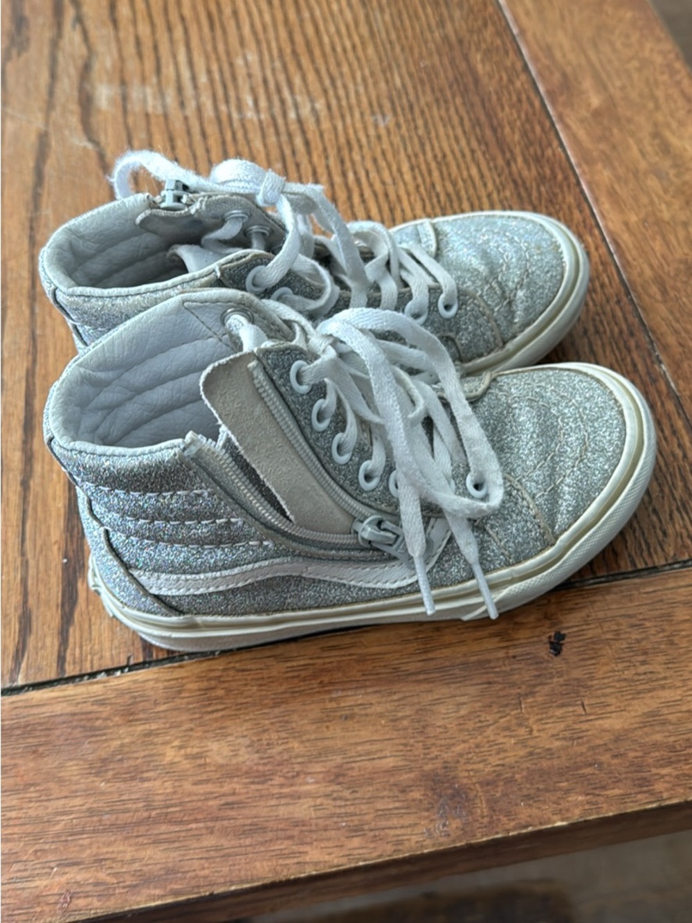 Girls silver glitter high top vans with zipper closure